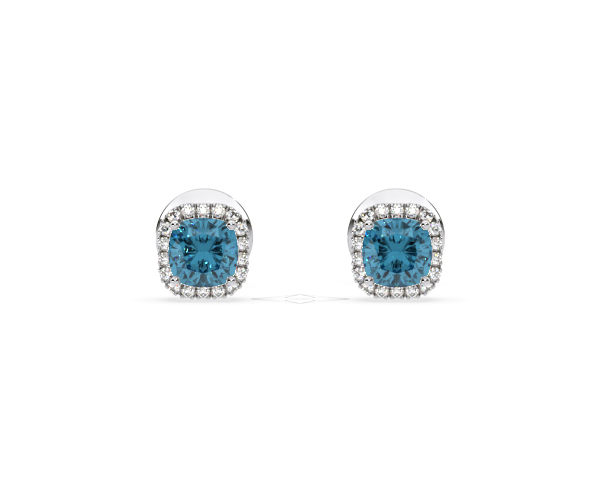 Beatrice Blue Lab Diamond Cushion Cut 1.30ct Halo Earrings in 18K White Gold - Elara Collection - 360 View