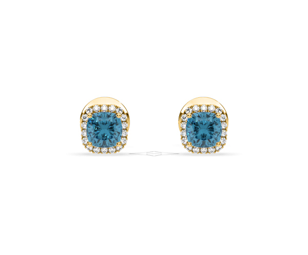 Beatrice Blue Lab Diamond Cushion Cut 1.30ct Halo Earrings in 18K Yellow Gold - Elara Collection - 360 View
