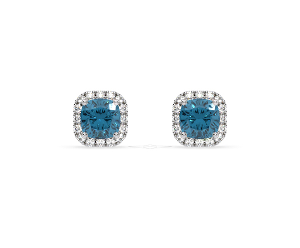 Beatrice Blue Lab Diamond Cushion Cut 2.45ct Halo Earrings in 18K White Gold - Elara Collection - 360 View