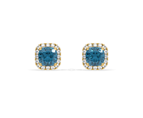 Beatrice Blue Lab Diamond Cushion Cut 2.45ct Halo Earrings in 18K Yellow Gold - Elara Collection - 360 View