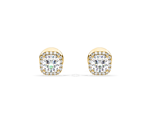 Beatrice Cushion Cut Lab Diamond Halo Earrings 1.30ct in 18K Yellow Gold F/VS1 - 360 View