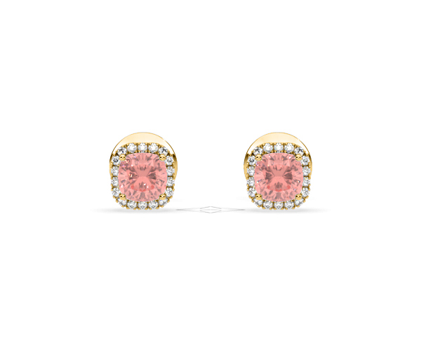 Beatrice Pink Lab Diamond Cushion Cut 1.30ct Halo Earrings in 18K Yellow Gold - Elara Collection - 360 View
