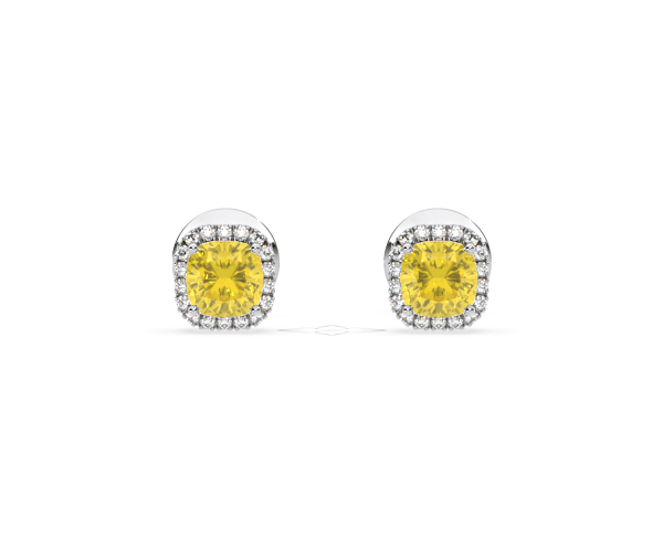 Beatrice Yellow Lab Diamond Cushion Cut 1.30ct Halo Earrings in 18K White Gold - Elara Collection - 360 View