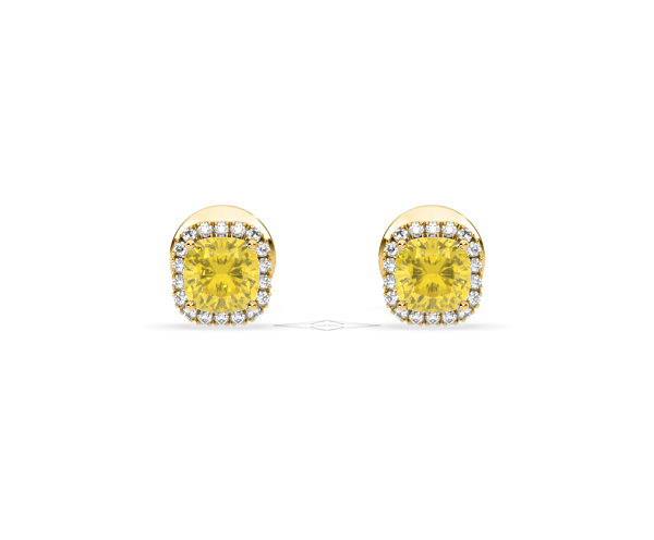 Beatrice Yellow Lab Diamond Cushion Cut 1.30ct Halo Earrings in 18K Yellow Gold - Elara Collection - 360 View