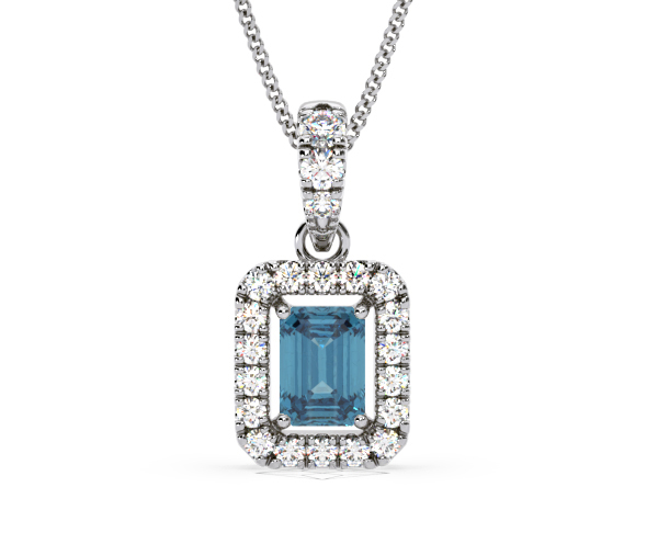 Annabelle Blue Lab Diamond Emerald Cut Halo Necklace 1.38ct in 18K White Gold - Elara Collection - 360 View
