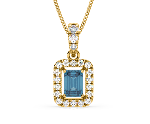 Annabelle Blue Lab Diamond Emerald Cut Halo Necklace 1.38ct in 18KGold - Elara Collection - 360 View