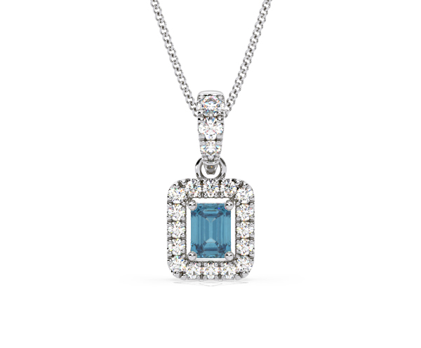 Annabelle Blue Lab Diamond Emerald Cut Halo Necklace 0.70ct in 18K White Gold - Elara Collection - 360 View