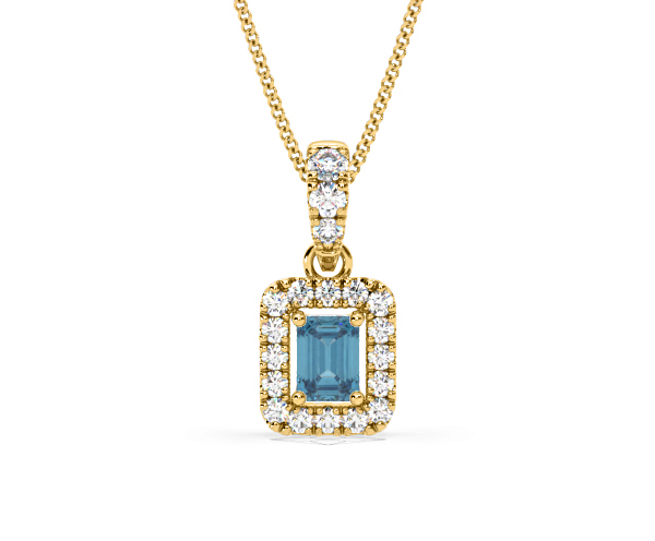 Annabelle Blue Lab Diamond Emerald Cut Halo Necklace 0.70ct in 18KGold - Elara Collection - 360 View