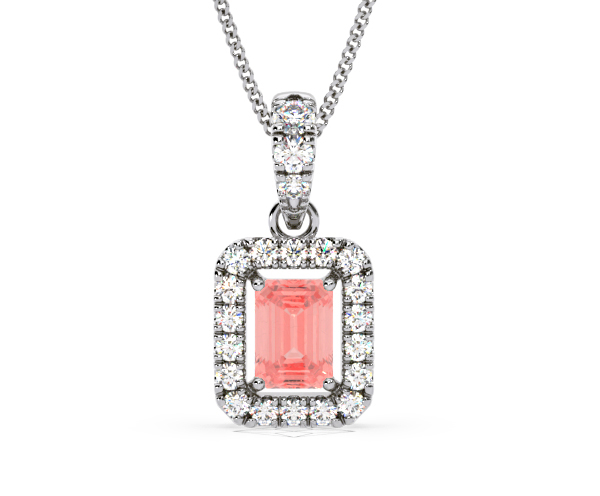 Annabelle Pink Lab Diamond Emerald Cut Halo Necklace 1.38ct in 18K White Gold - Elara Collection - 360 View
