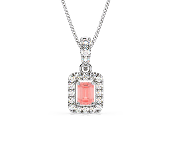 Annabelle Pink Lab Diamond Emerald Cut Halo Necklace 0.70ct in 18K White Gold - Elara Collection - 360 View