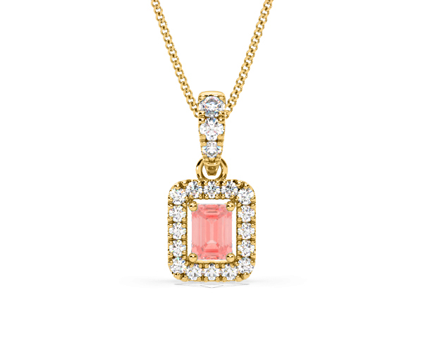 Annabelle Pink Lab Diamond Emerald Cut Halo Necklace 0.70ct in 18KGold - Elara Collection - 360 View
