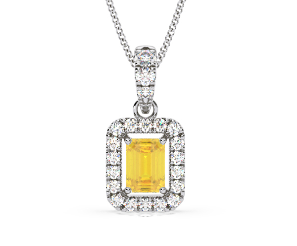 Annabelle Yellow Lab Diamond Emerald Cut Halo Necklace 1.38ct in 18K White Gold - Elara Collection - 360 View