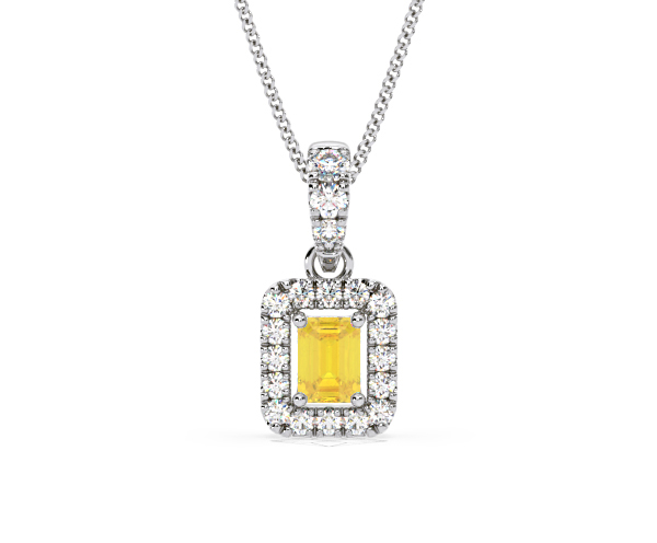 Annabelle Yellow Lab Diamond Emerald Cut Halo Necklace 0.70ct in 18K White Gold - Elara Collection - 360 View