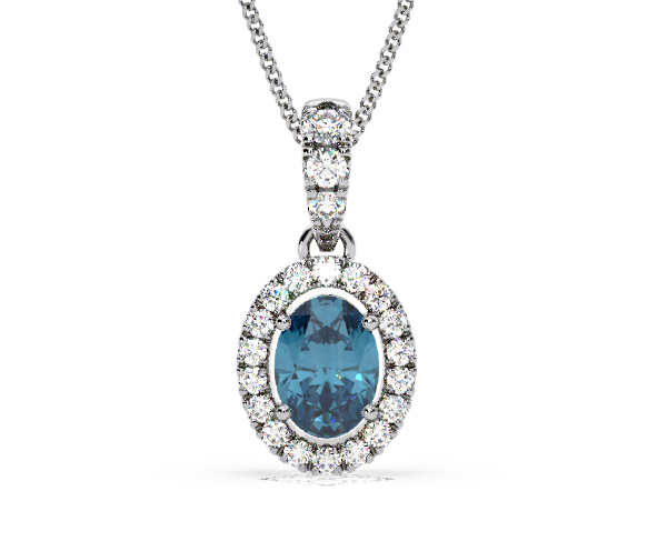 Georgina Blue Lab Diamond Oval Halo Necklace 1.38ct in 18K White Gold - Elara Collection - 360 View