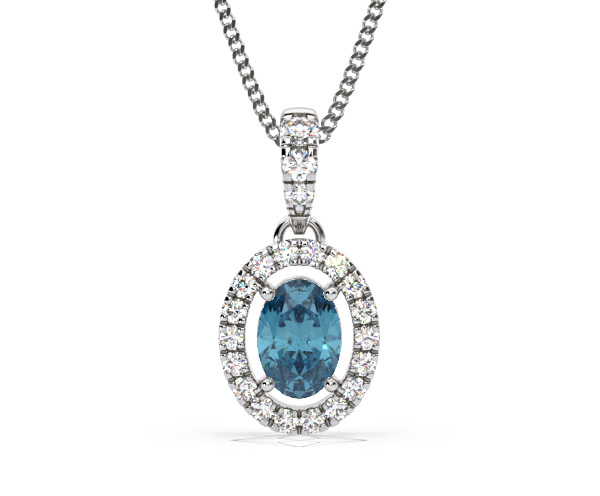 Georgina Blue Lab Diamond Oval Halo Necklace 0.70ct in 18K White Gold - Elara Collection - 360 View