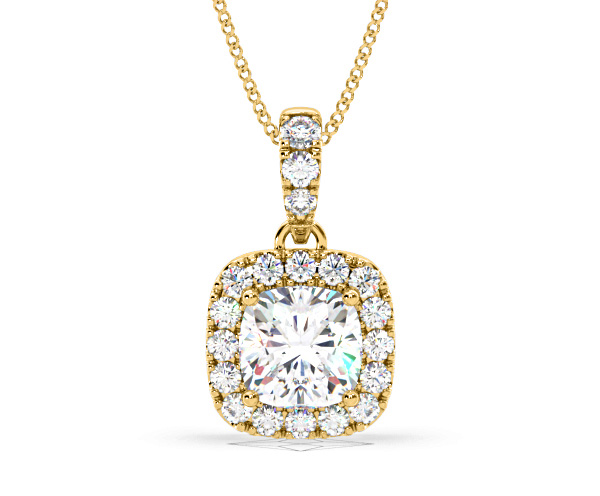 Beatrice Cushion Cut Lab Diamond Pendant Necklace 1.38ct in 18K Yellow Gold F/VS1 - 360 View