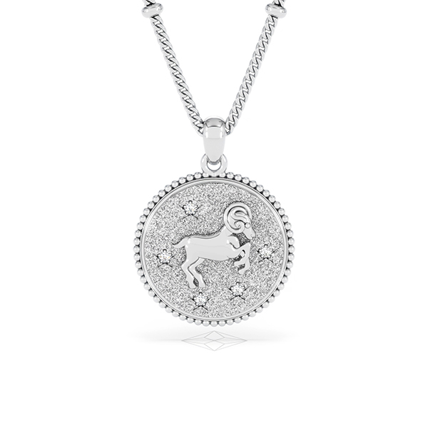 Zodiac Aries Lab Diamond Medallion Necklace in 925 Silver - 360 View