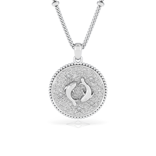 Zodiac Pisces Lab Diamond Medallion Necklace in 925 Silver - 360 View