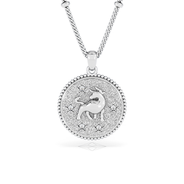 Zodiac Taurus Lab Diamond Medallion Necklace in 925 Silver - 360 View