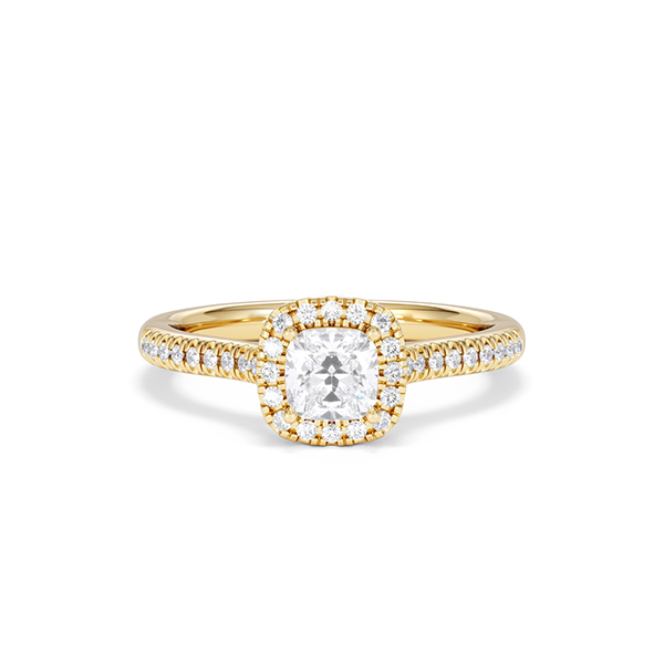 Beatrice Cushion Cut Lab Diamond Halo Ring 0.70ct F/VS in 9K Gold - 360 View