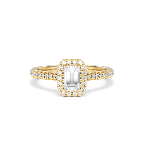 Annabelle Cut Emerald Cut Lab Diamond Halo Ring 0.70ct F/VS in 9K Gold - 360 View