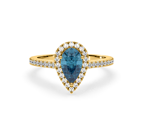 Diana Blue Lab Diamond Pear Halo Ring 1.60ct in 18K Yellow Gold - Elara Collection - 360 View