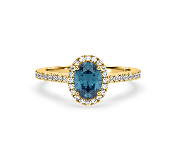 Georgina Blue Lab Diamond Oval Halo 1.60ct Ring in 18K Yellow Gold - Elara Collection - 360 View