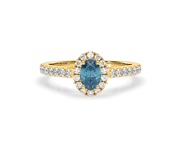 Georgina Blue Lab Diamond Oval Halo 0.90ct Ring in 18K Yellow Gold - Elara Collection - 360 View