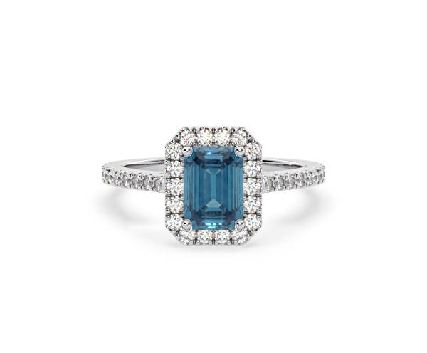 Annabelle Blue Lab Diamond 1.65ct Emerald Cut Halo Ring in Platinum - Elara Collection - 360 View