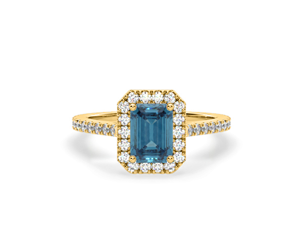 Annabelle Blue Lab Diamond 1.65ct Emerald Cut Halo Ring in 18K Yellow Gold - Elara Collection - 360 View