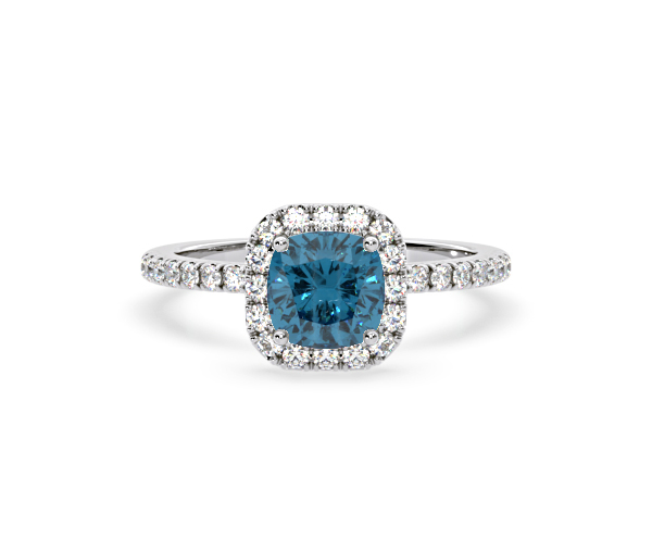 Beatrice Blue Lab Diamond 1.65ct Cushion Halo Ring in Platinum - Elara Collection - 360 View