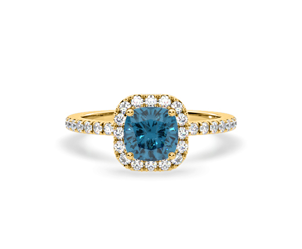 Beatrice Blue Lab Diamond 1.65ct Cushion Halo Ring in 18K Yellow Gold- Elara Collection - 360 View