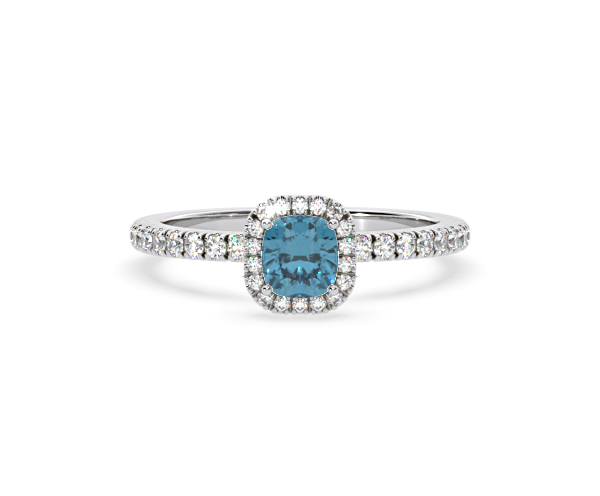 Beatrice Blue Lab Diamond 1.00ct Cushion Halo Ring in Platinum - Elara Collection - 360 View