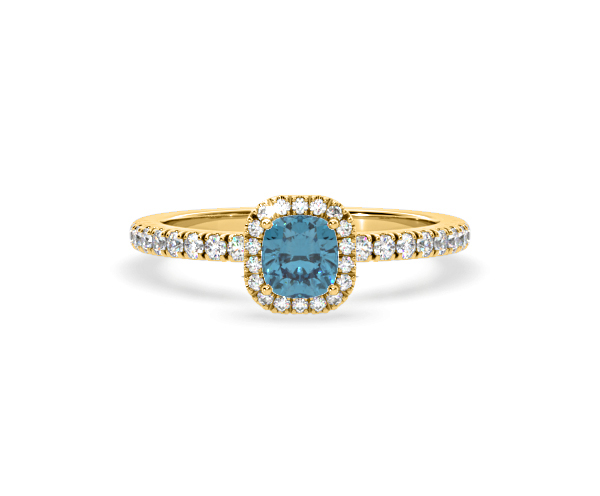 Beatrice Blue Lab Diamond 1.00ct Cushion Halo Ring in 18K Yellow Gold- Elara Collection - 360 View