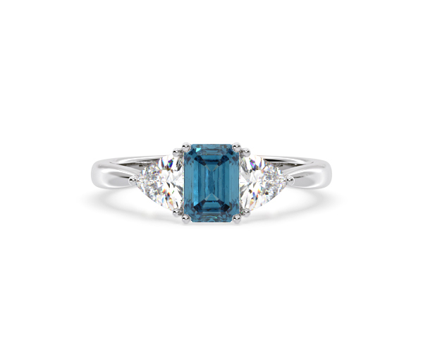 Aurora Blue Lab Diamond Emerald Cut and Trillion 1.70ct Ring in 18K White Gold - Elara Collection - 360 View