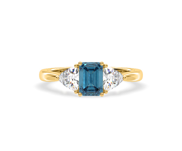 Aurora Blue Lab Diamond Emerald Cut and Trillion 1.70ct Ring in 18K Yellow Gold - Elara Collection - 360 View