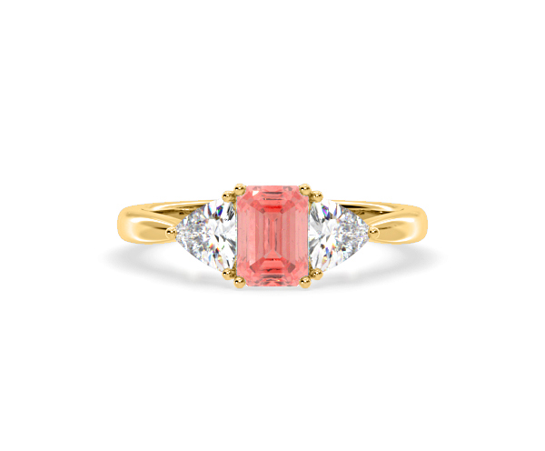 Aurora Pink Lab Diamond Emerald Cut and Trillion 1.70ct Ring in 18K Yellow Gold - Elara Collection - 360 View
