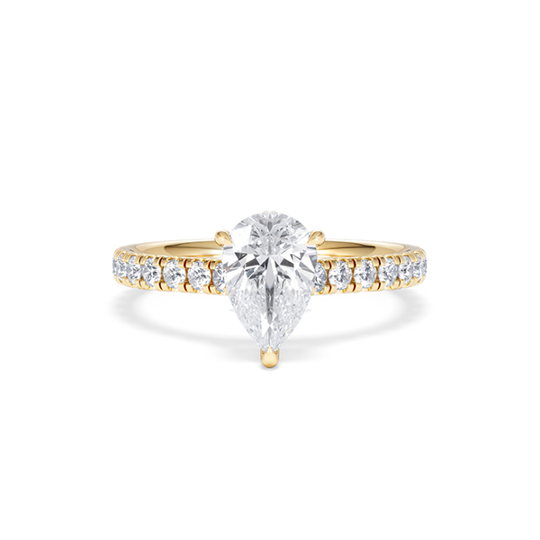 Amora Pear 1.47ct Hidden Halo Lab Diamond Engagement Ring With Side Stones Set in 18K Gold - 360 View