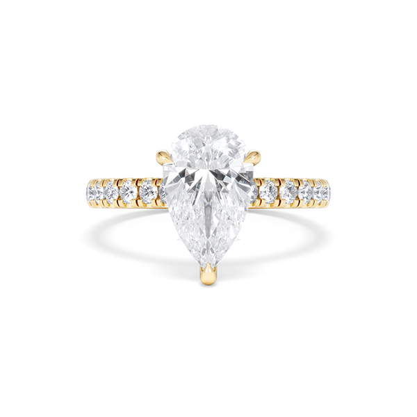 Amora Pear 2.55ct Hidden Halo Lab Diamond Engagement Ring With Side Stones Set in 18K Gold - 360 View