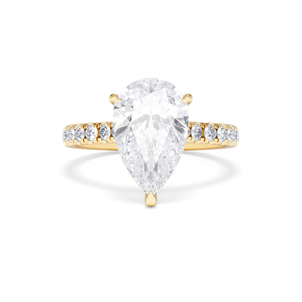 Amora Pear 3.36ct Hidden Halo Lab Diamond Engagement Ring With Side Stones Set in 18K Gold - 360 View