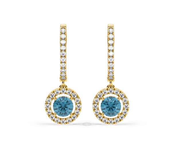 Ella Blue Lab Diamond 2.60ct Halo Drop Earrings in 18K Yellow Gold - Elara Collection - 360 View