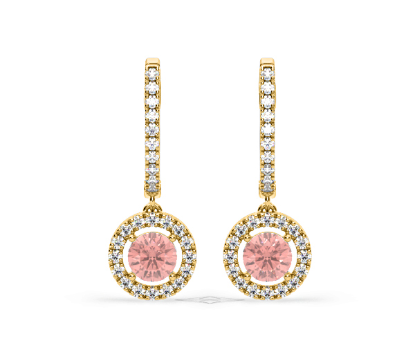 Ella Pink Lab Diamond 2.60ct Halo Drop Earrings in 18K Yellow Gold - Elara Collection - 360 View