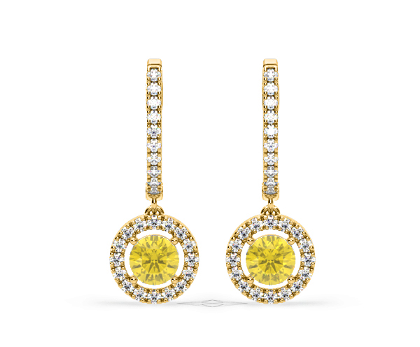 Ella Yellow Lab Diamond 2.60ct Halo Drop Earrings in 18K Yellow Gold - Elara Collection - 360 View