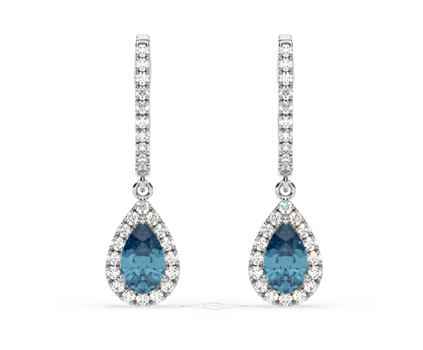 Diana Blue Lab Diamond 1.48ct Pear Halo Drop Earrings in 18K White Gold - Elara Collection - 360 View