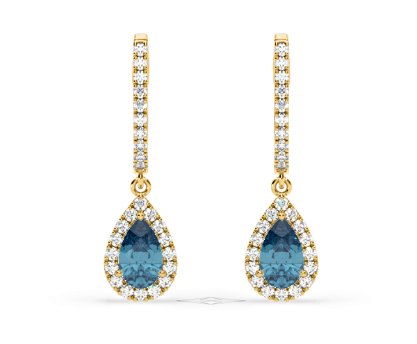 Diana Blue Lab Diamond 1.48ct Pear Halo Drop Earrings in 18K Yellow Gold - Elara Collection - 360 View
