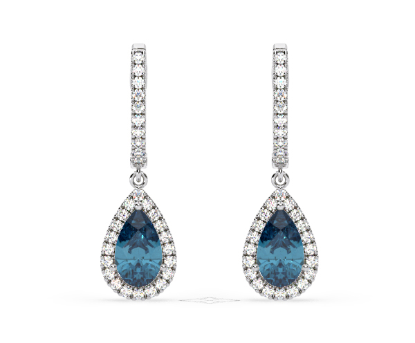 Diana Blue Lab Diamond 2.60ct Pear Halo Drop Earrings in 18K White Gold - Elara Collection - 360 View