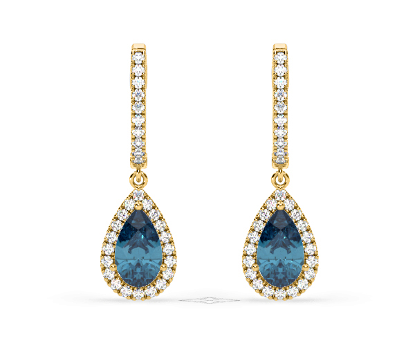 Diana Blue Lab Diamond 2.60ct Pear Halo Drop Earrings in 18K Yellow Gold - Elara Collection - 360 View