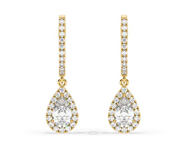 Diana Pear Lab Diamond Halo Drop Earrings 2.60ct in 18K Yellow Gold F/VS1 - 360 View