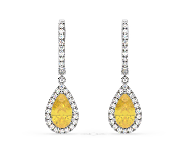 Diana Yellow Lab Diamond 2.60ct Pear Halo Drop Earrings in 18K White Gold - Elara Collection - 360 View