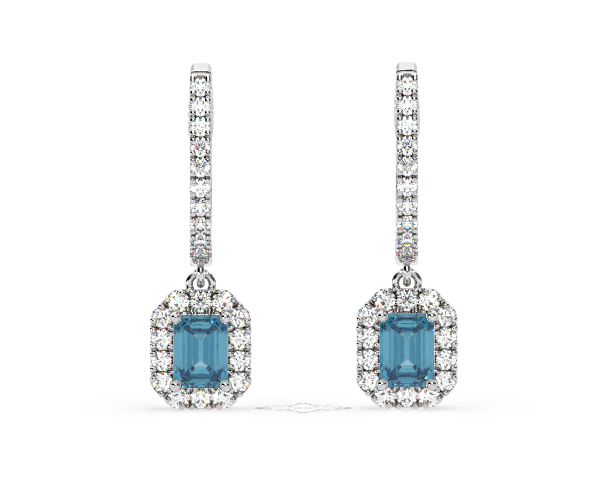 Annabelle Blue Lab Diamond 1.48ct Emerald Cut Halo Earrings in 18K White Gold - Elara Collection - 360 View